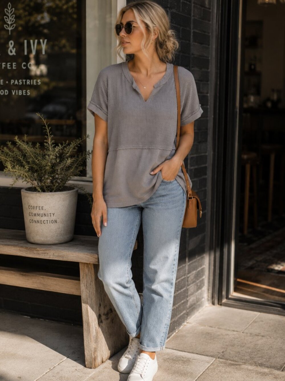 BKE Waffle Knit Split Neck Gray Top | Sz S | EUC | Oversized Raw Edge